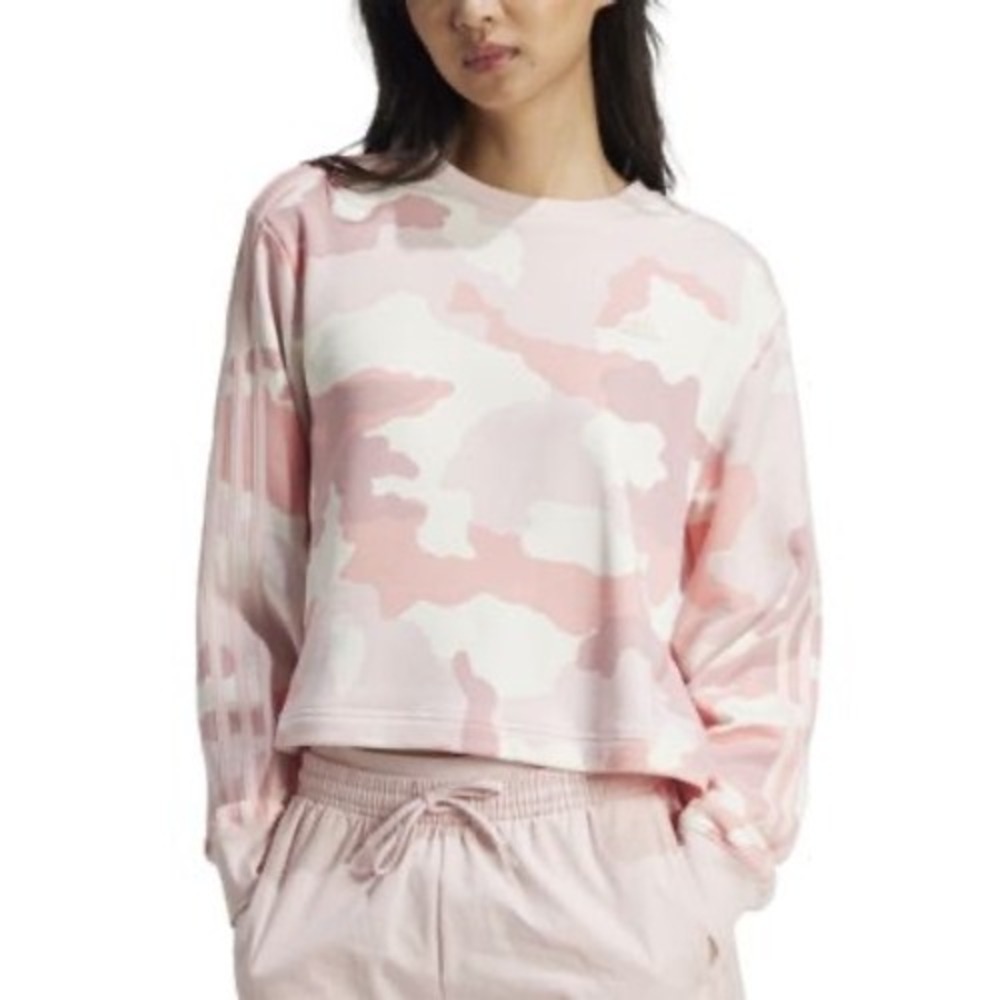 Adidas Womens Pink Camo Cropped Sweatshirt 3-Stripe Pullover Large DA28190